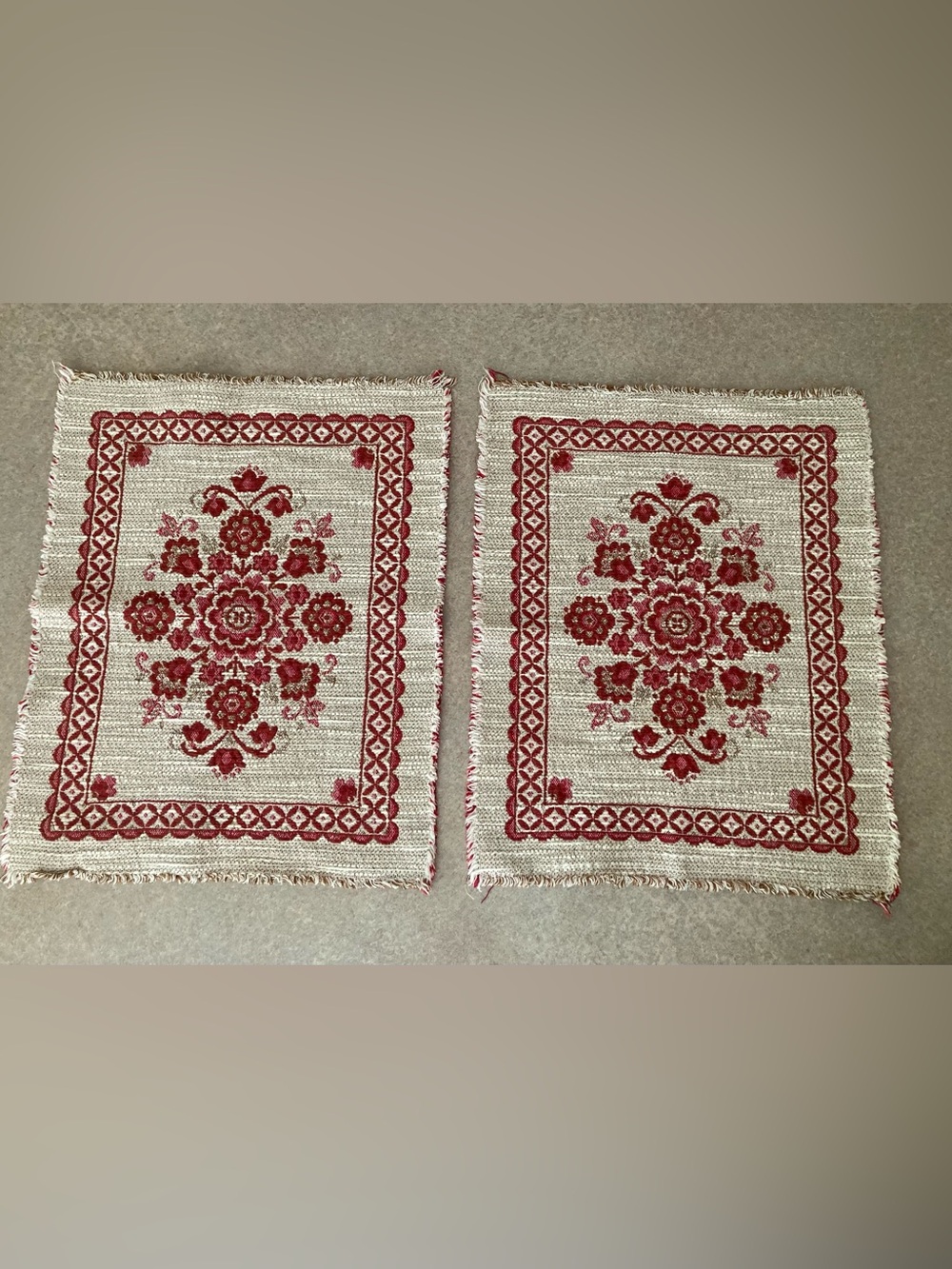 Vintage Cream and Red Tapestry Woven Placemats Set of 2. Cotton Linen